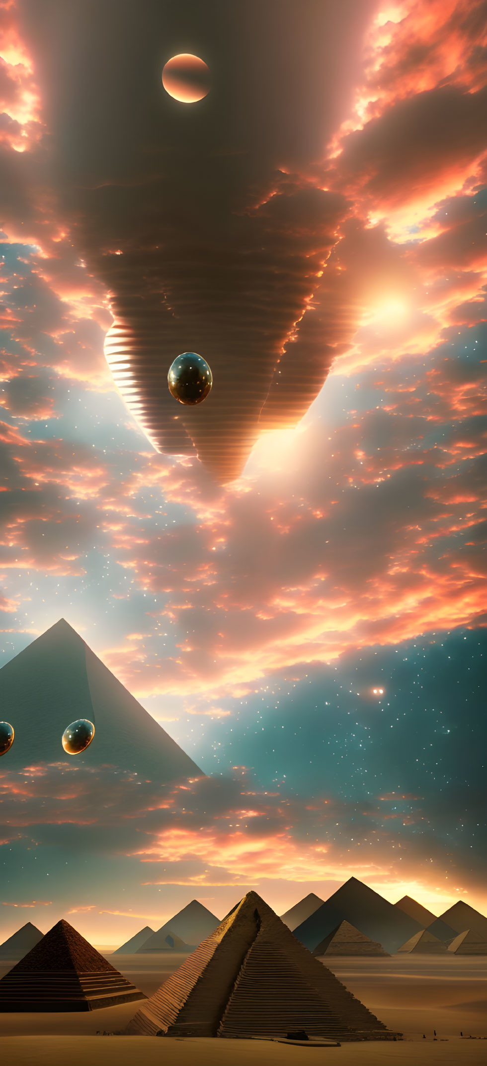 Futuristic landscape with pyramids, stars, clouds, and planets during a solar eclipse