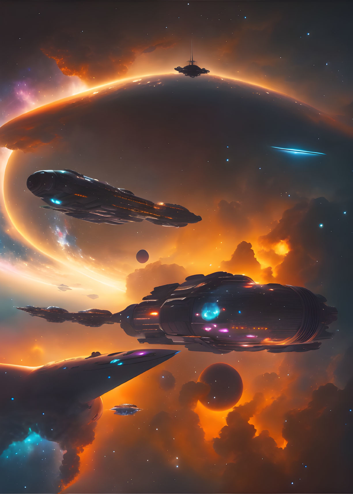 Futuristic sci-fi scene: large spaceships, glowing planet, starry sky.