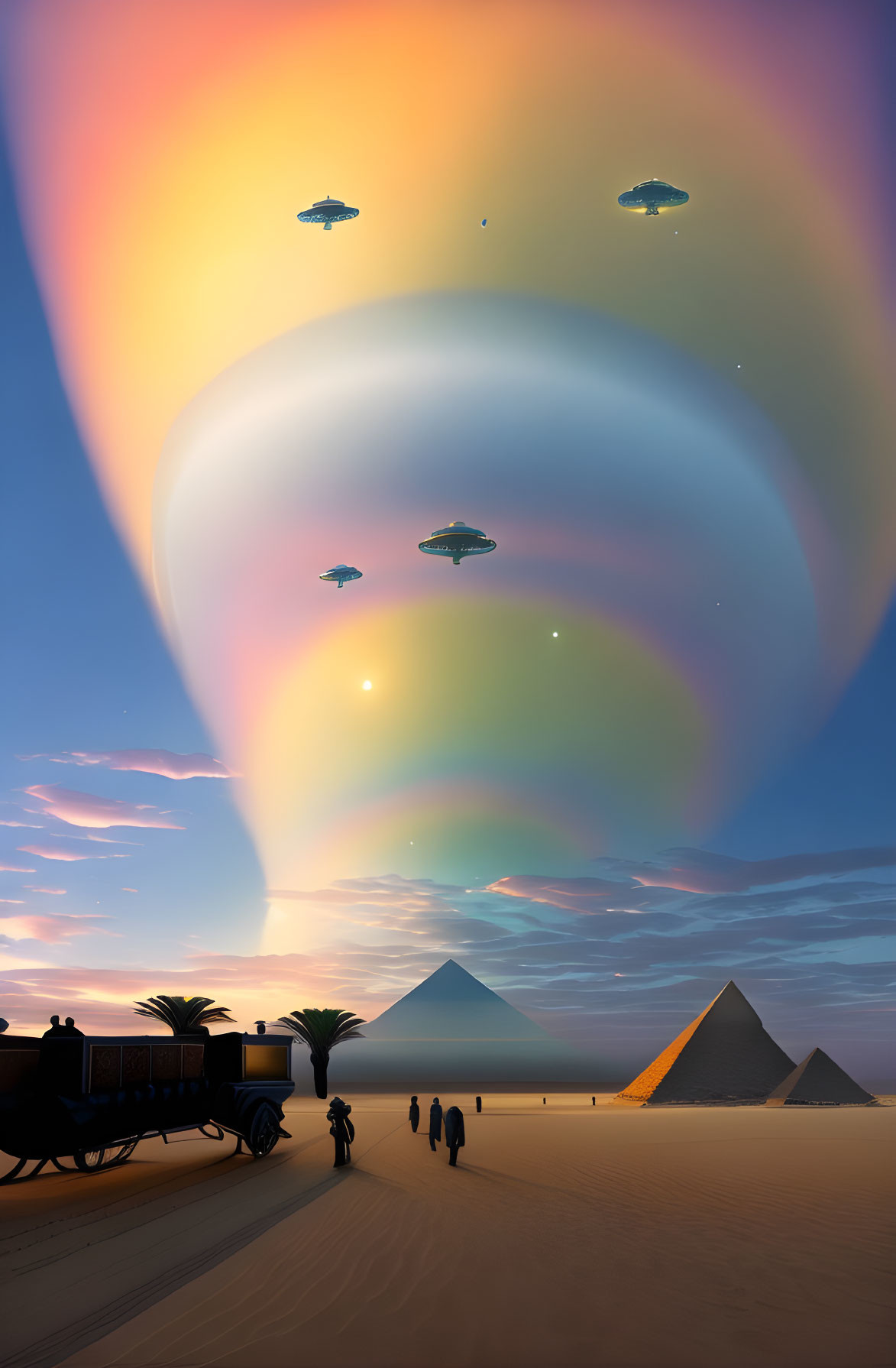 Vibrant surreal sky over Egyptian pyramids with silhouetted figures and UFOs