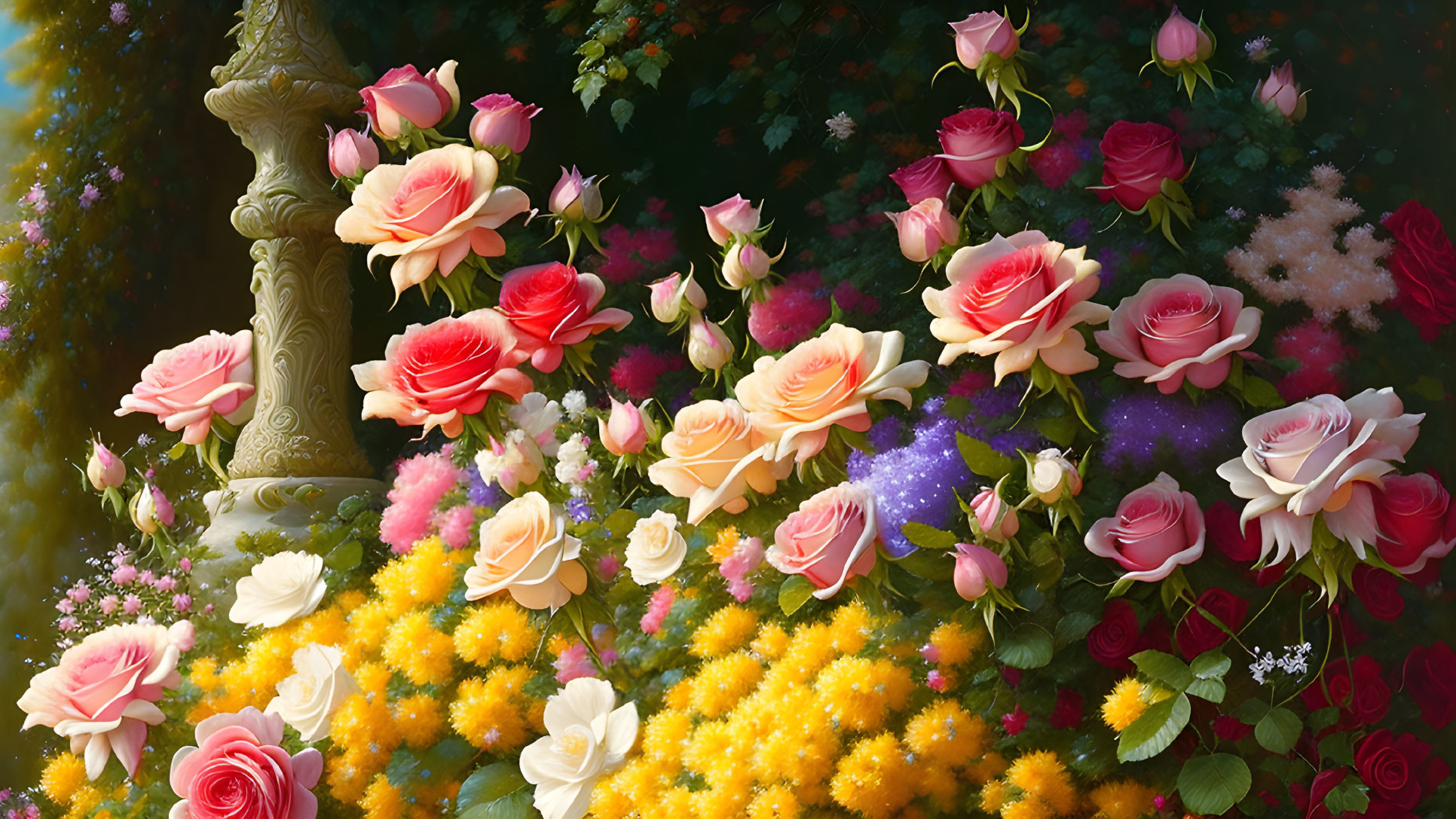 Colorful Rose Garden with Pink, Yellow, and White Flowers