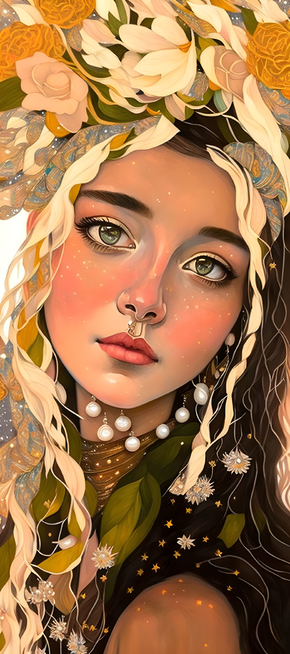 Detailed illustration of a woman with floral crown, freckles, green eyes, pearl jewelry, and