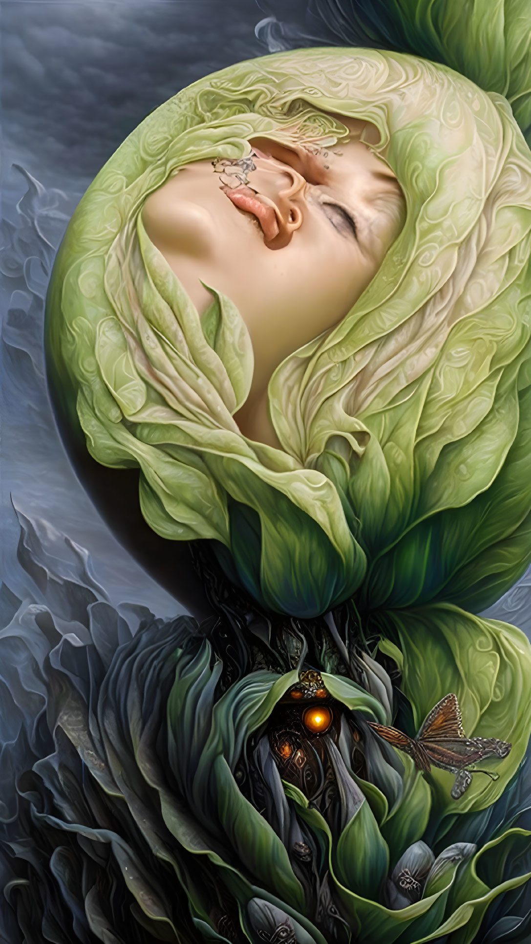 Surreal illustration: person with head in cabbage leaves, dragonfly, and orange orb