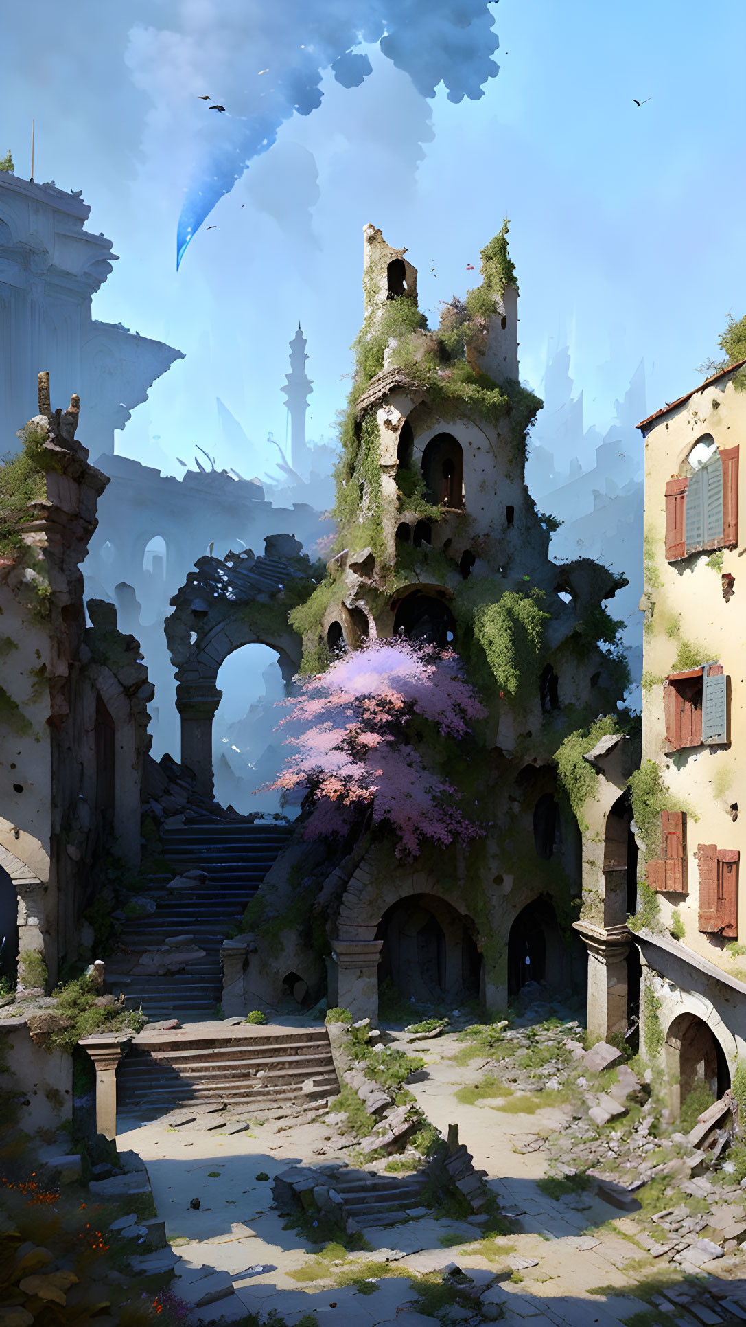 Ruined cityscape with overgrown buildings, pink tree, stairs, birds, blue skies