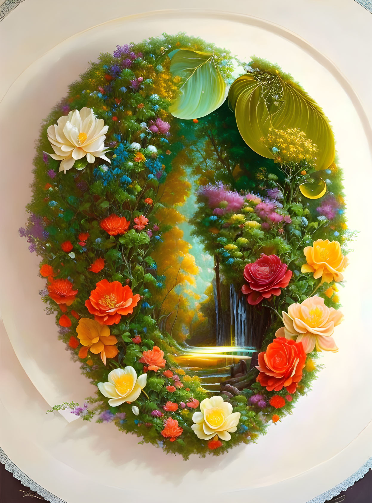 Lush Oval Garden Painting with Waterfall and Colorful Flowers