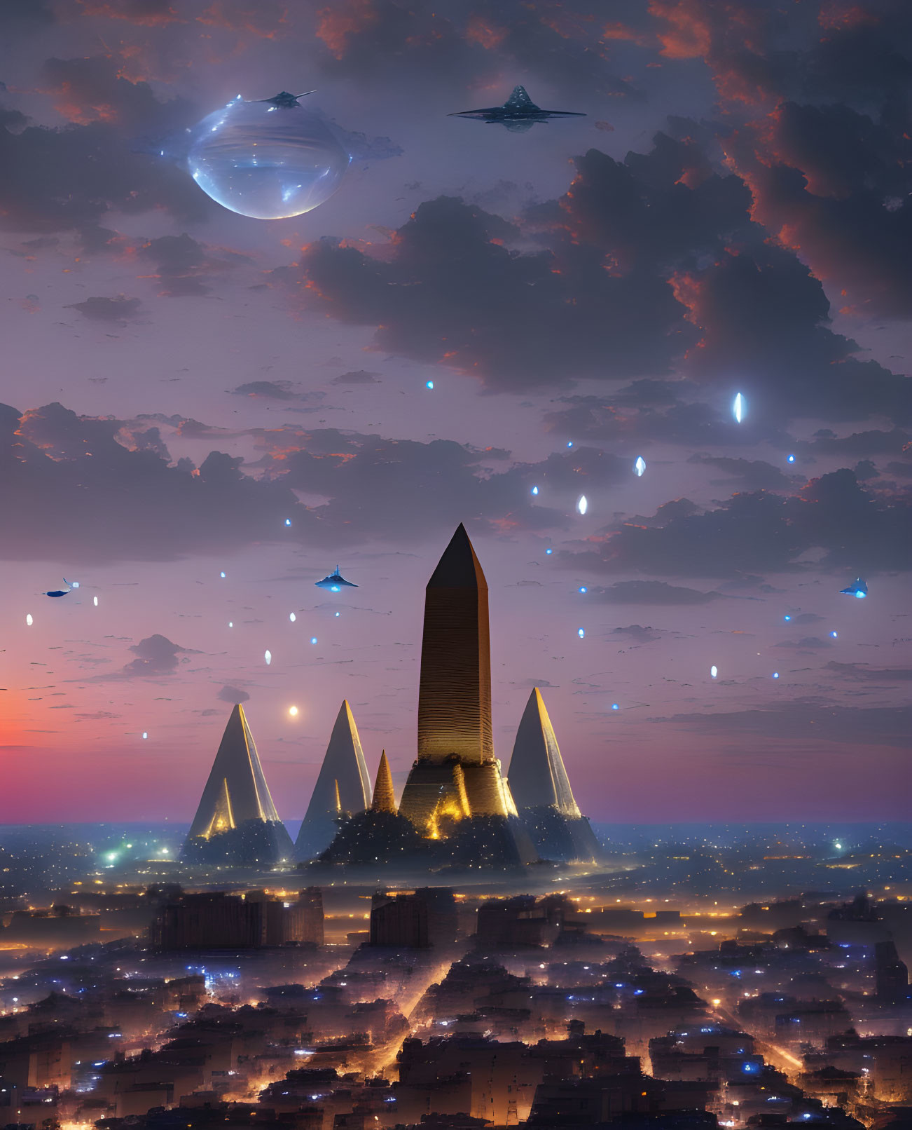 Futuristic cityscape with illuminated pyramid skyscraper and flying vehicles