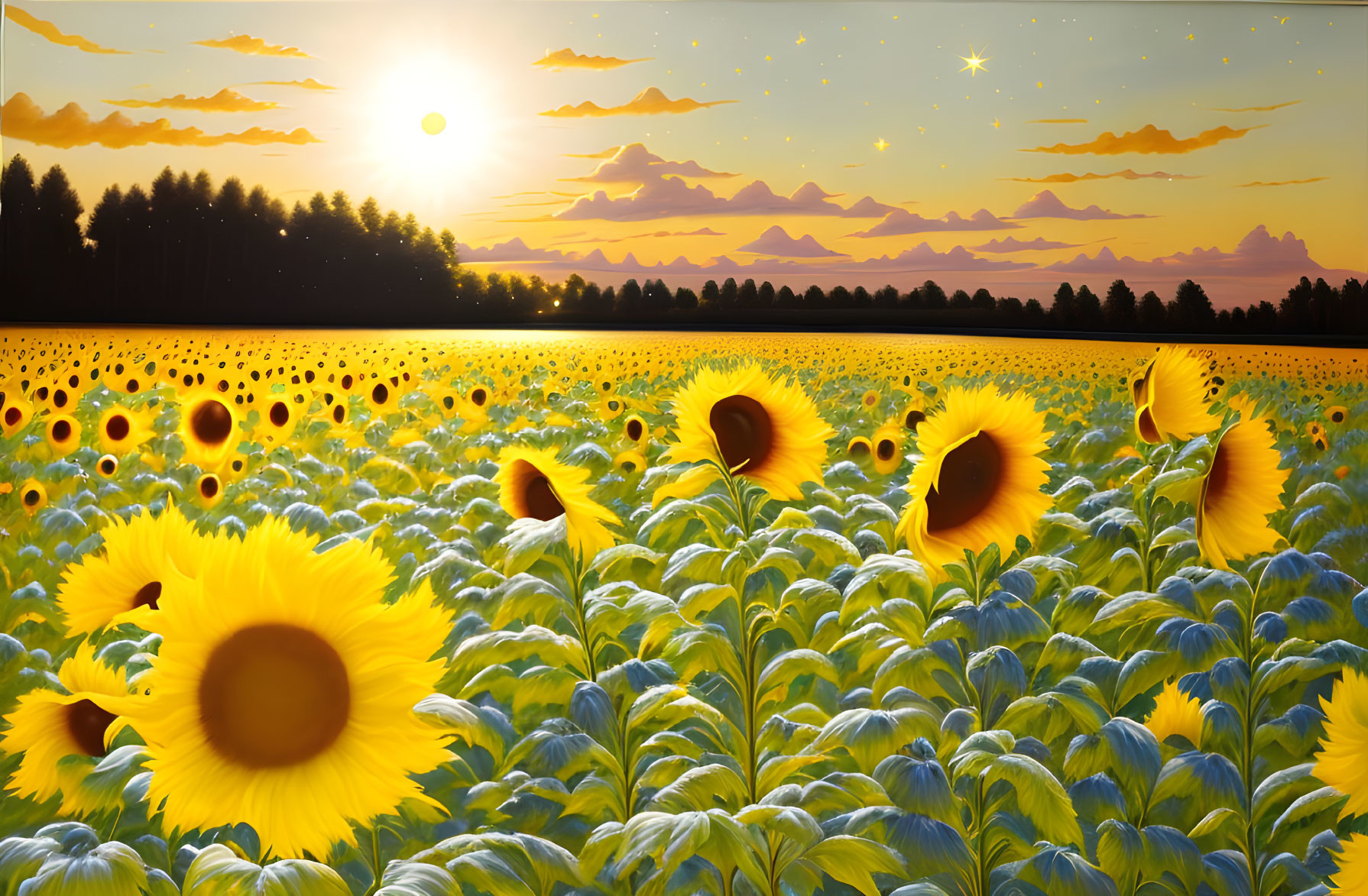 Sunflower Field at Sunset with Starry Twilight Sky