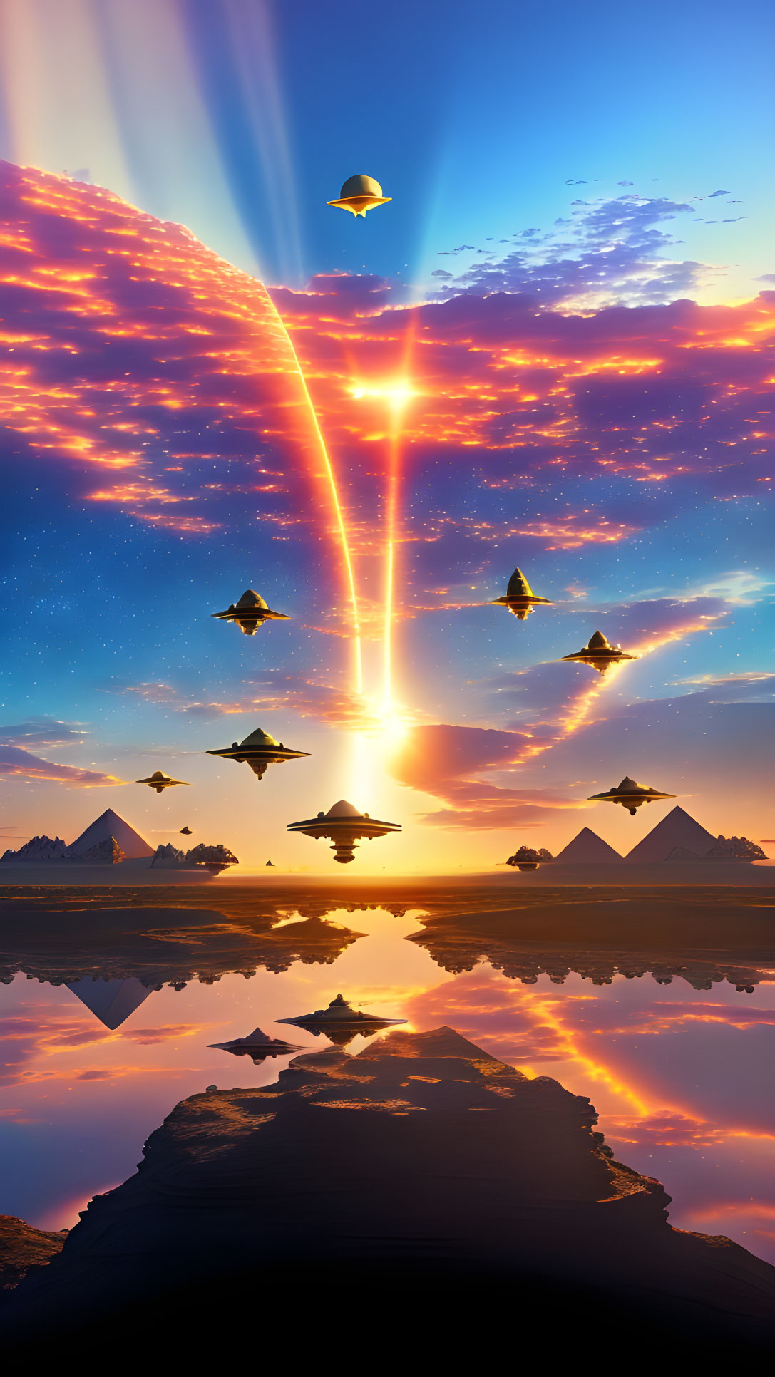 Vivid sunset over pyramids with flying craft and reflective water