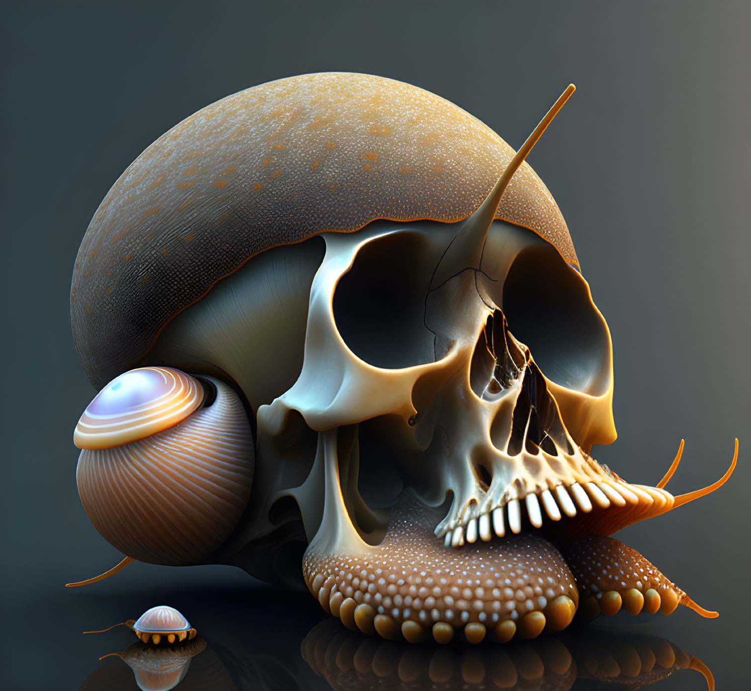 Surreal human skull with snail features on dark background