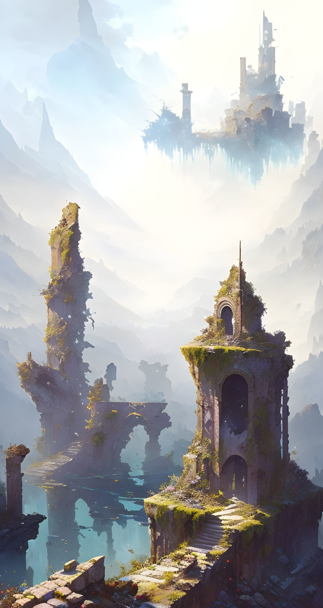 Fantasy landscape with floating ruins, misty lake, mountains, and castle