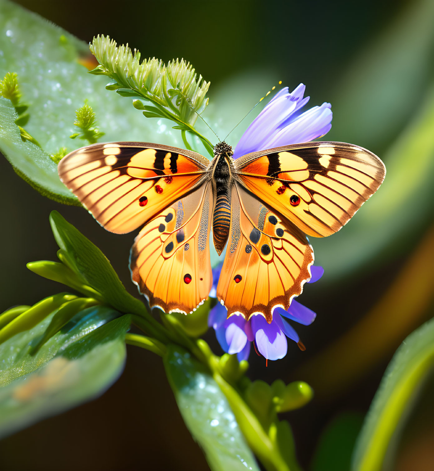 Orange Butterfly with Black and White Markings on Purple Flower