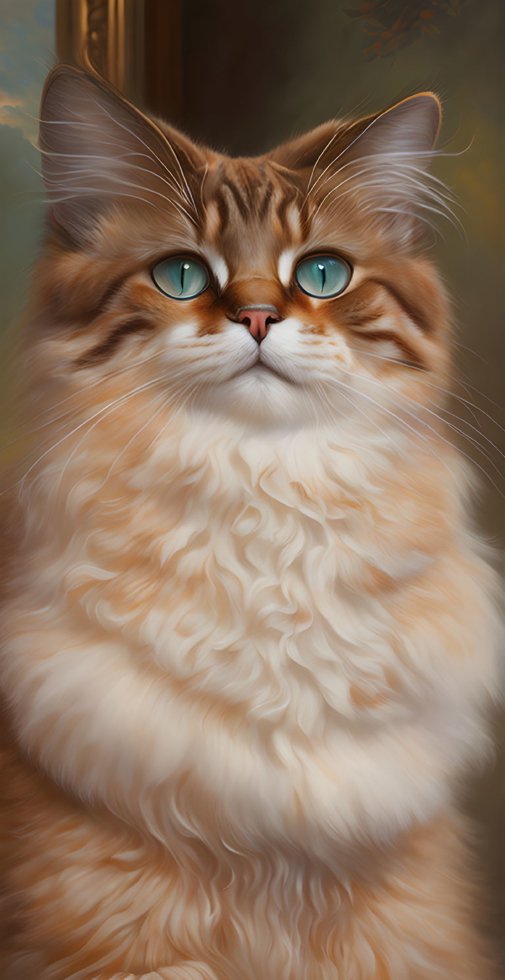 Fluffy brown-and-white cat digital painting with green eyes and baroque-style background