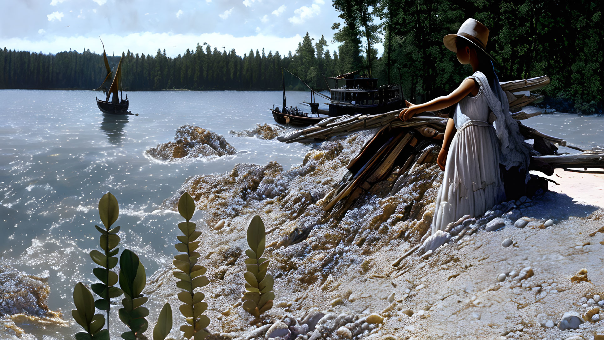 Woman in sunhat by lake with boats, rocky shore, and forest background