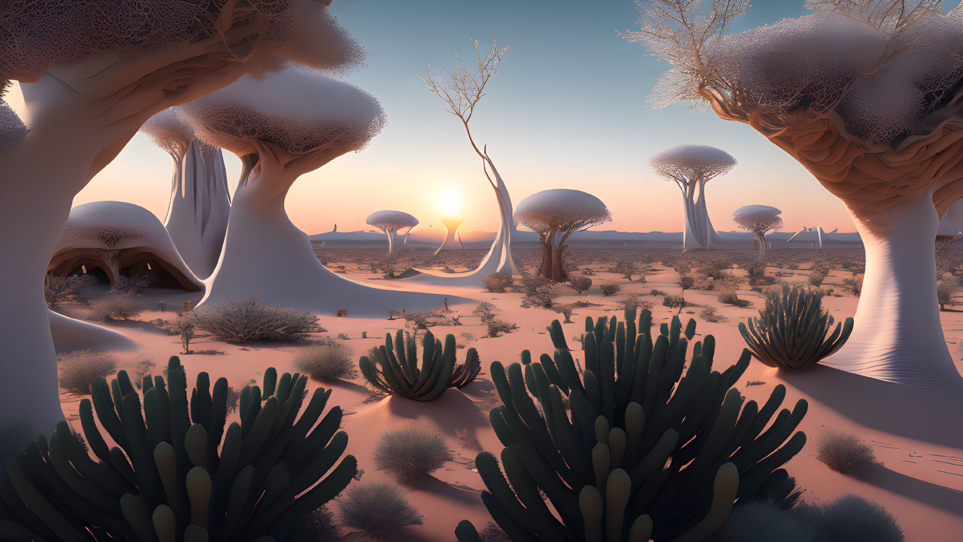 Surreal desert landscape with giant mushroom-like trees and cacti at sunset