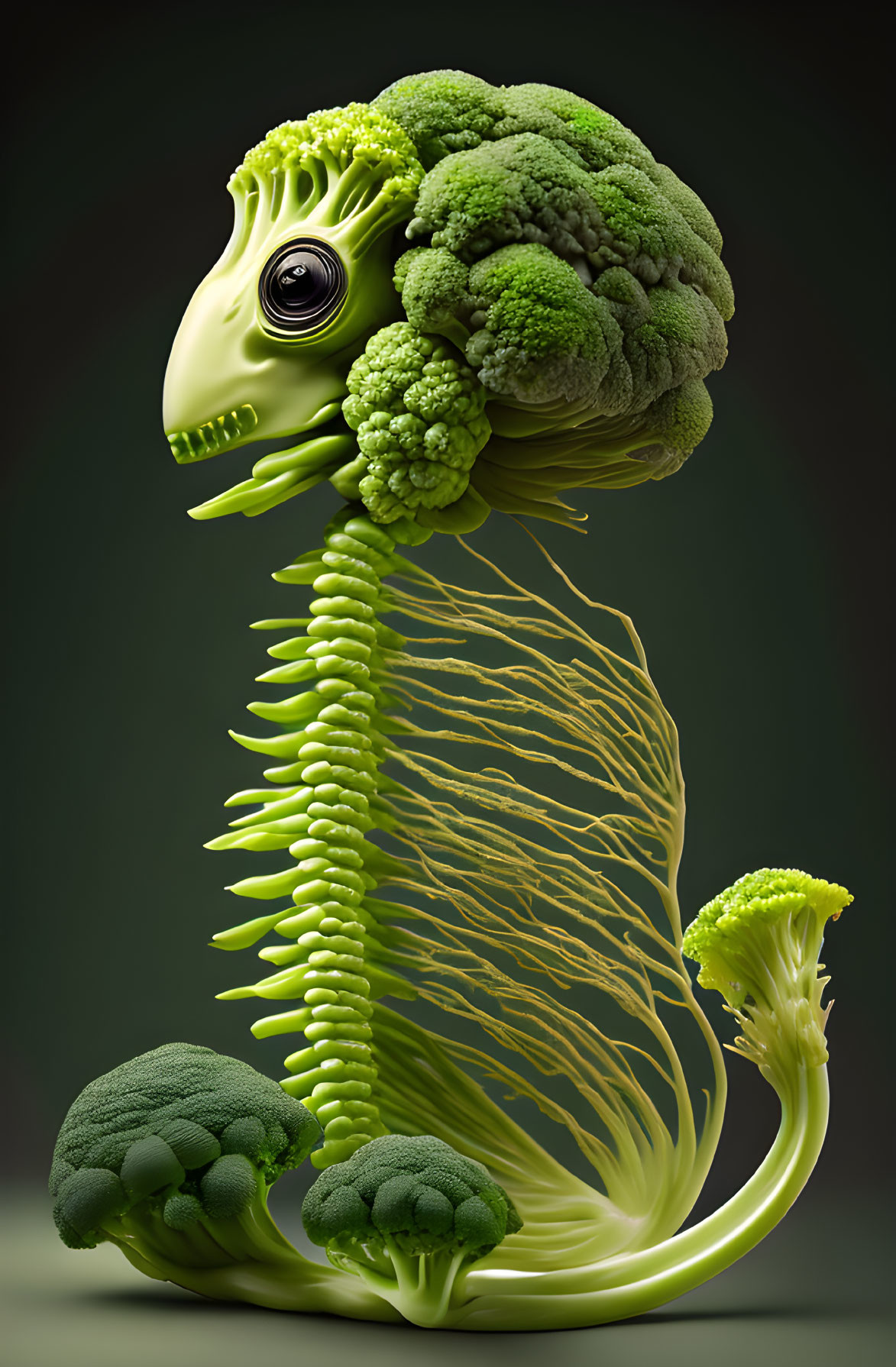 Whimsical creature with broccoli head, pea-pod eyes, and vegetable limbs