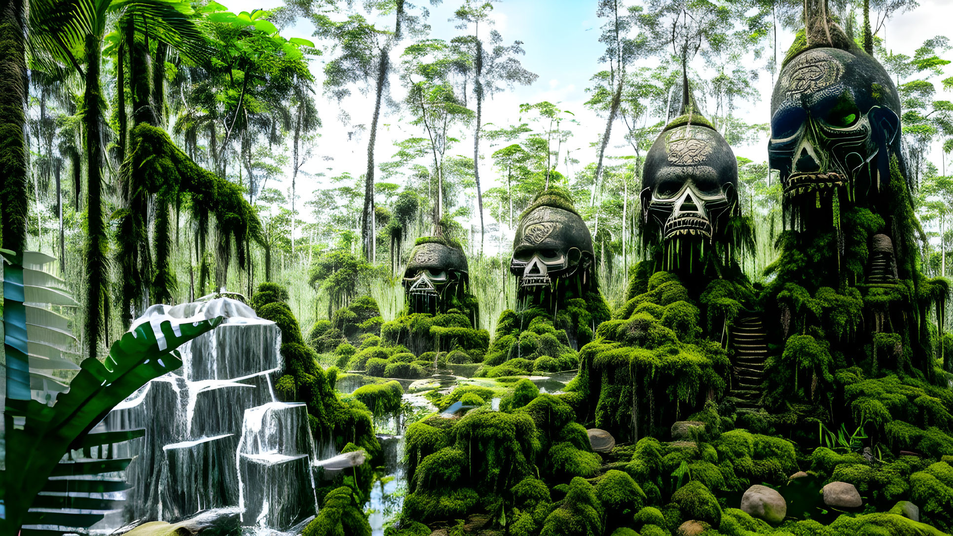 Enormous tribal masks in lush green forest with waterfalls