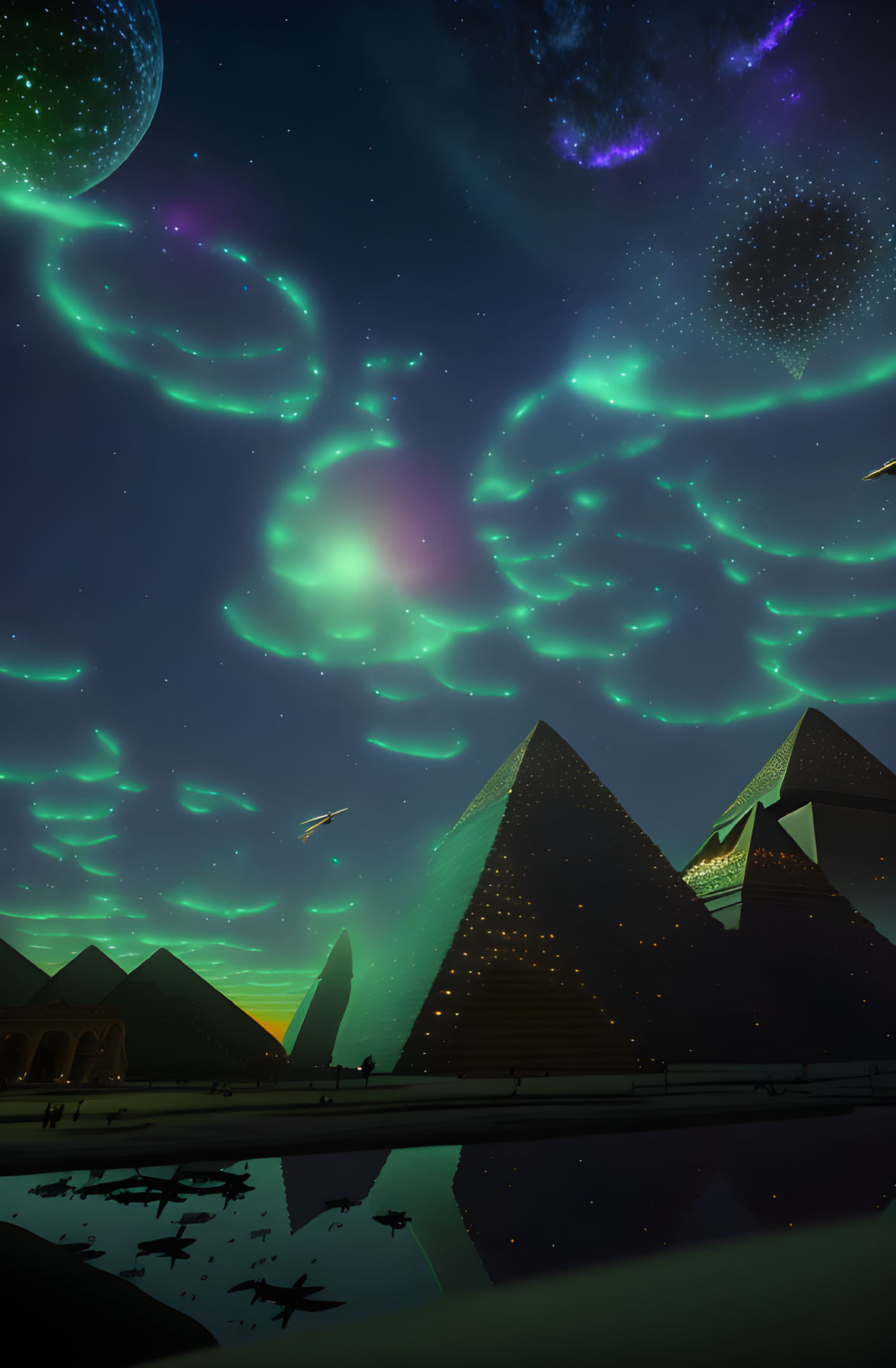 Night sky with aurora lights over pyramids, stars and celestial bodies, reflected in water with a