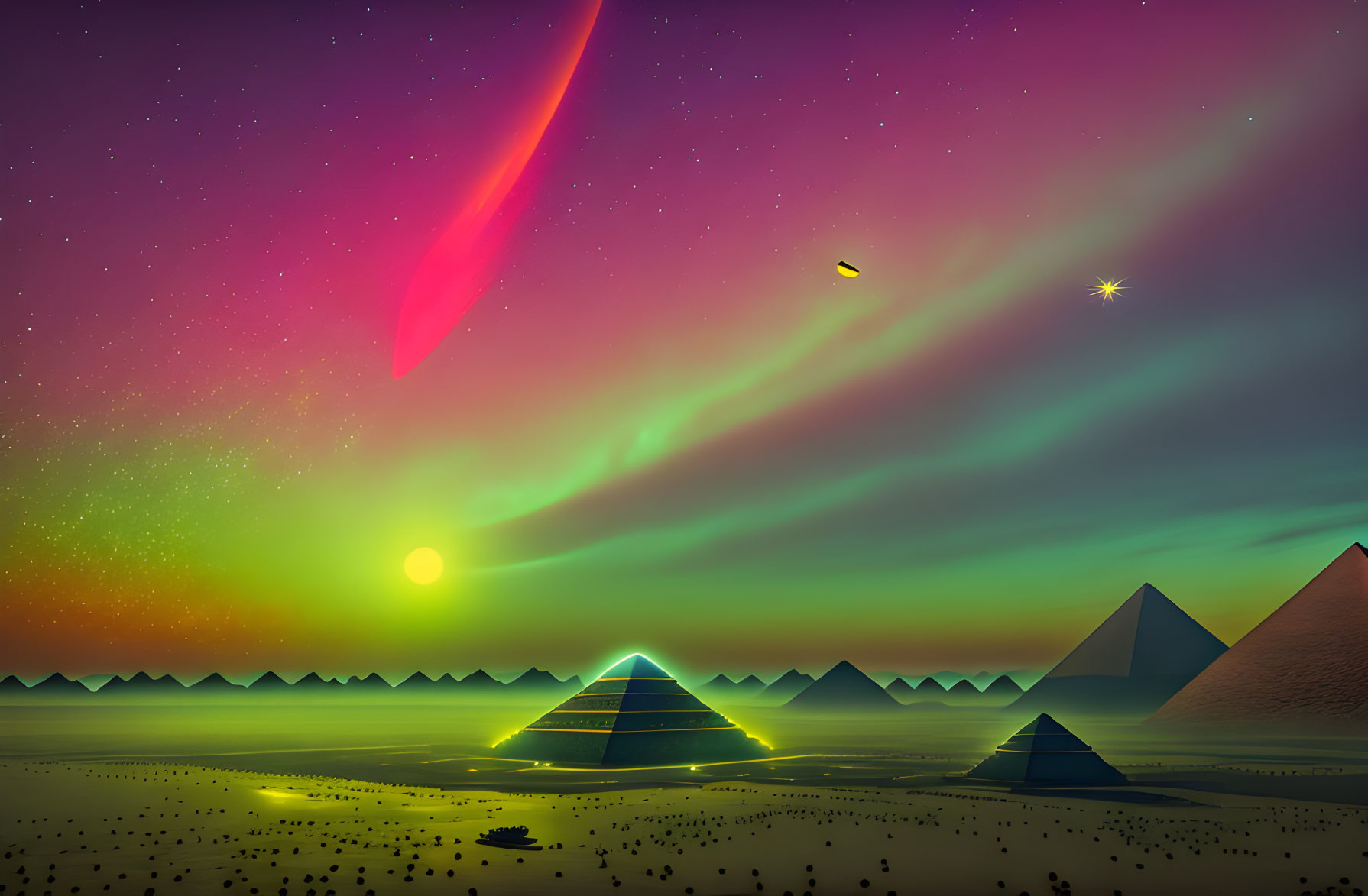 Vibrant aurora lights over illuminated pyramids and comet in digital art landscape