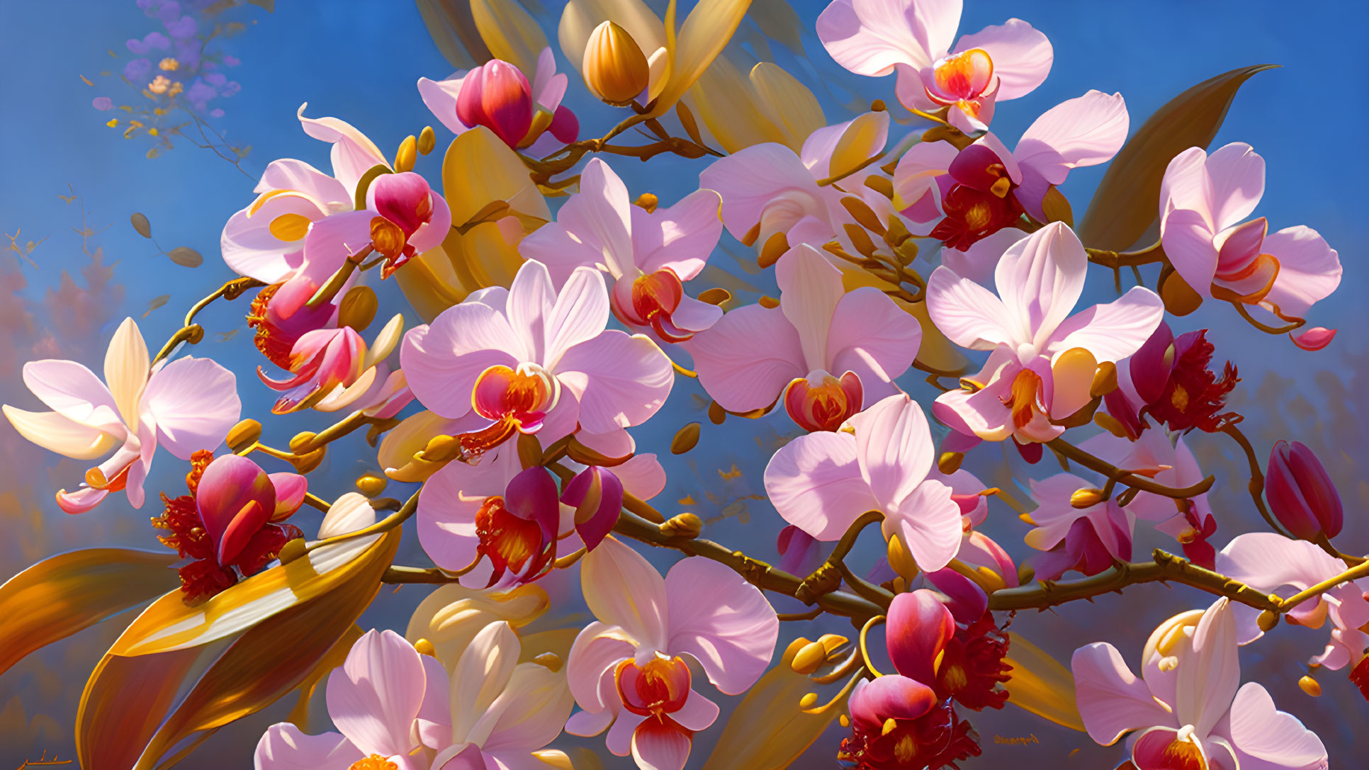 Pink and White Orchids Illustration with Blue Sky and Soft Sunlight