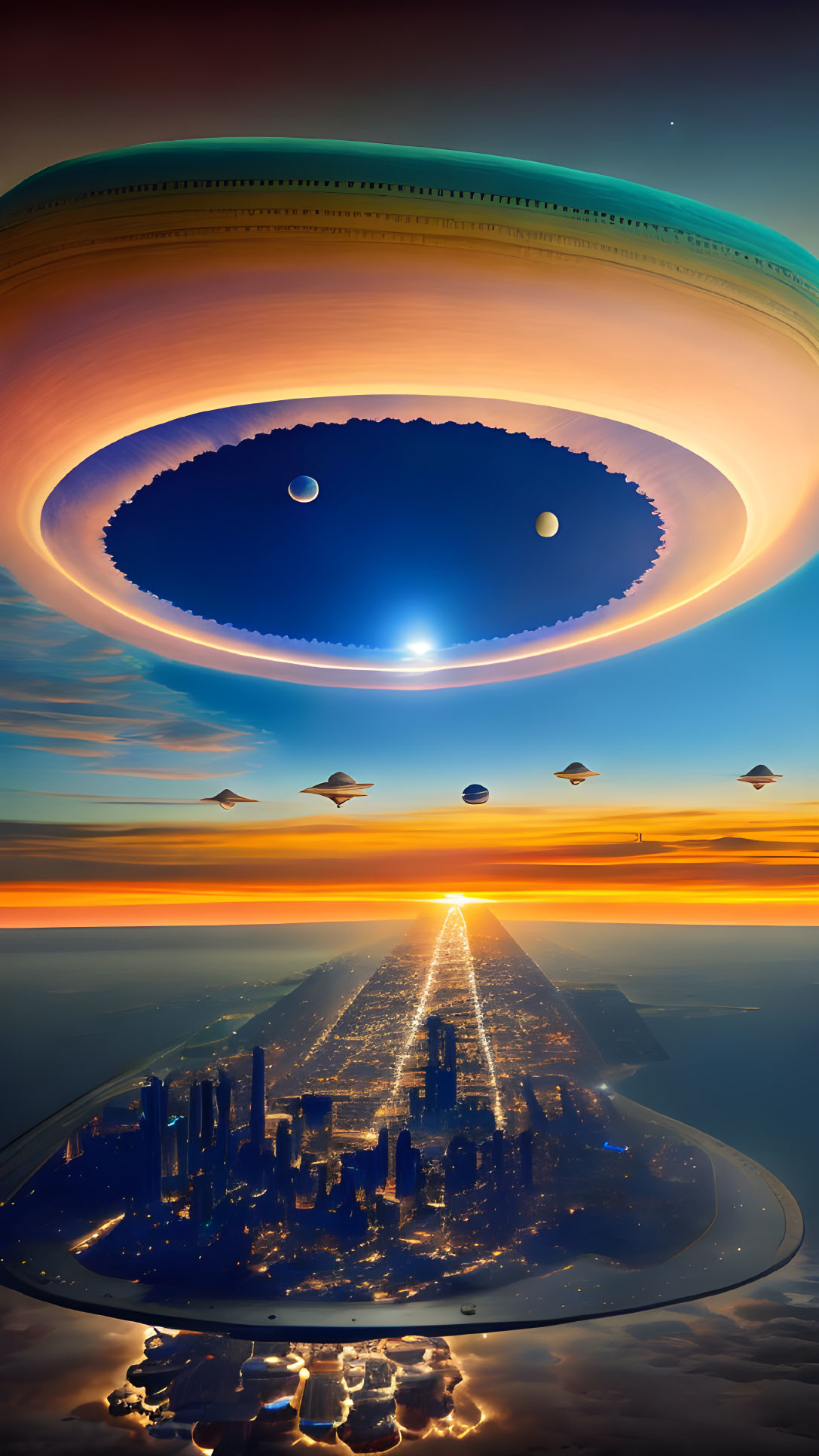 Surreal cityscape with flying saucers at dusk