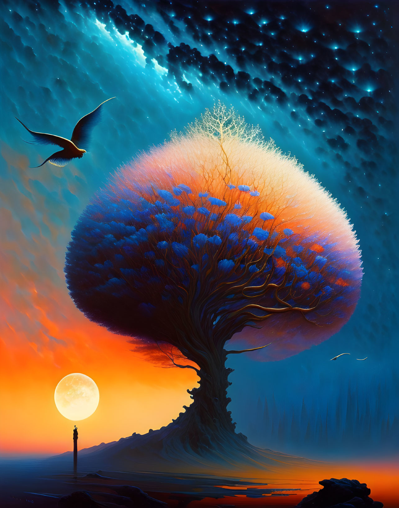 Luminescent canopy tree under starry sky with full moon, lone figure, and bird in