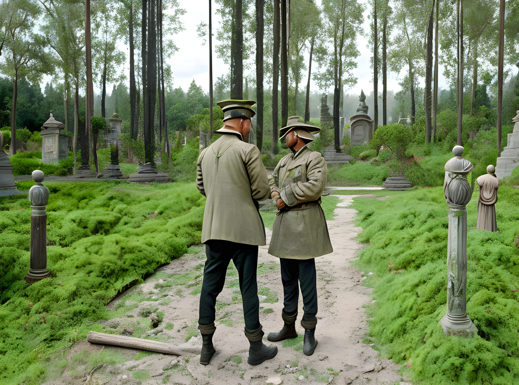 Military-style individuals in forest clearing with ancient stone monuments.