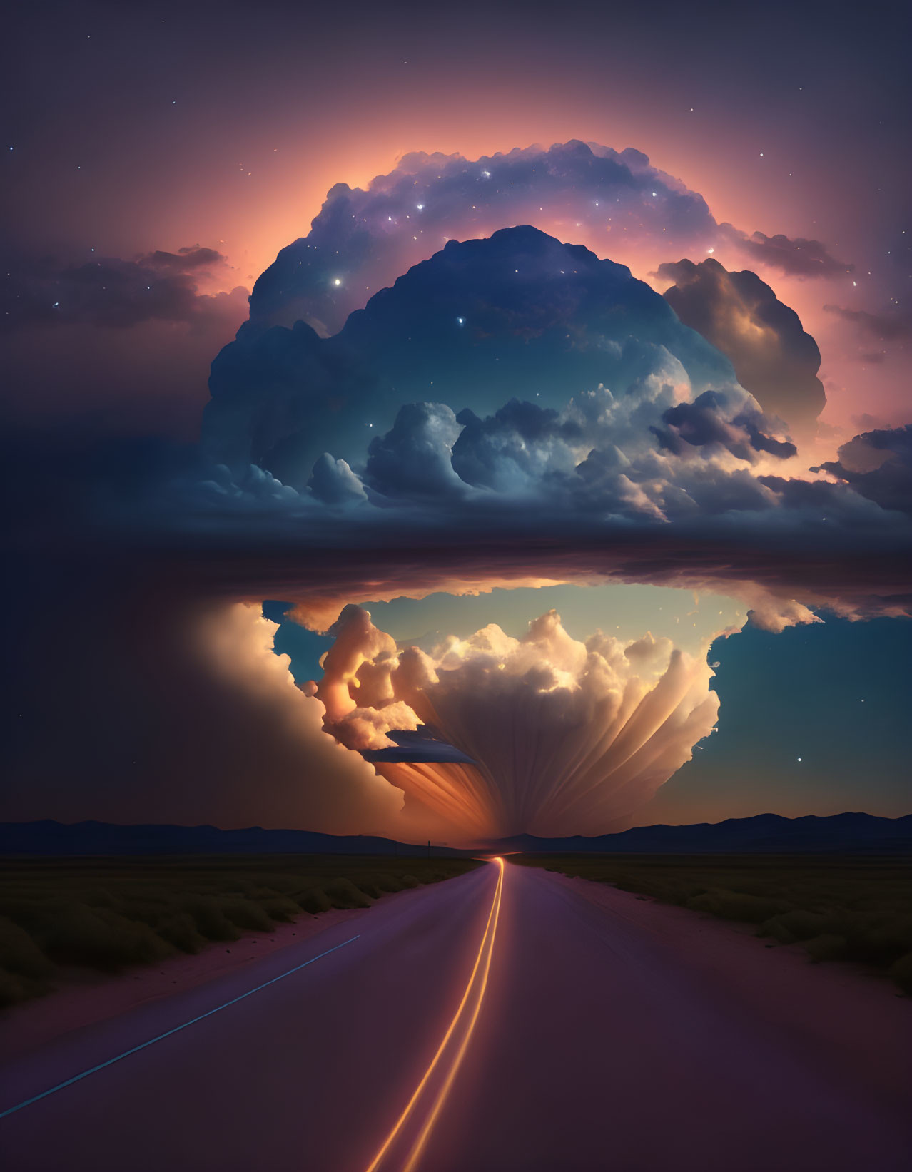 Road Leading to Massive Illuminated Cloud Formation at Twilight