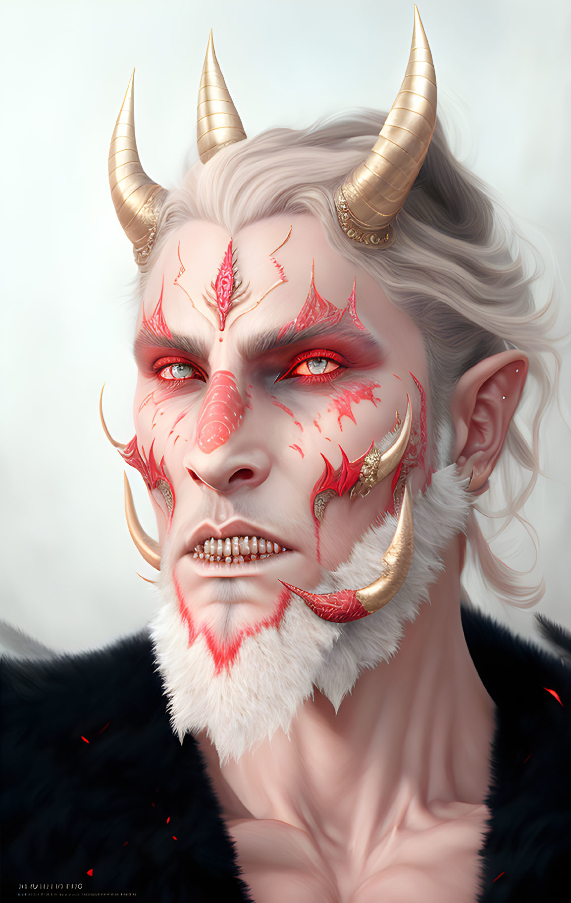 Fantasy digital artwork of white-haired figure with horns and red markings