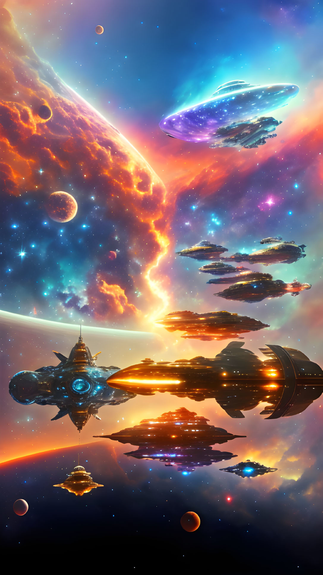 Colorful Sci-Fi Space Scene with Spaceships & Nebula