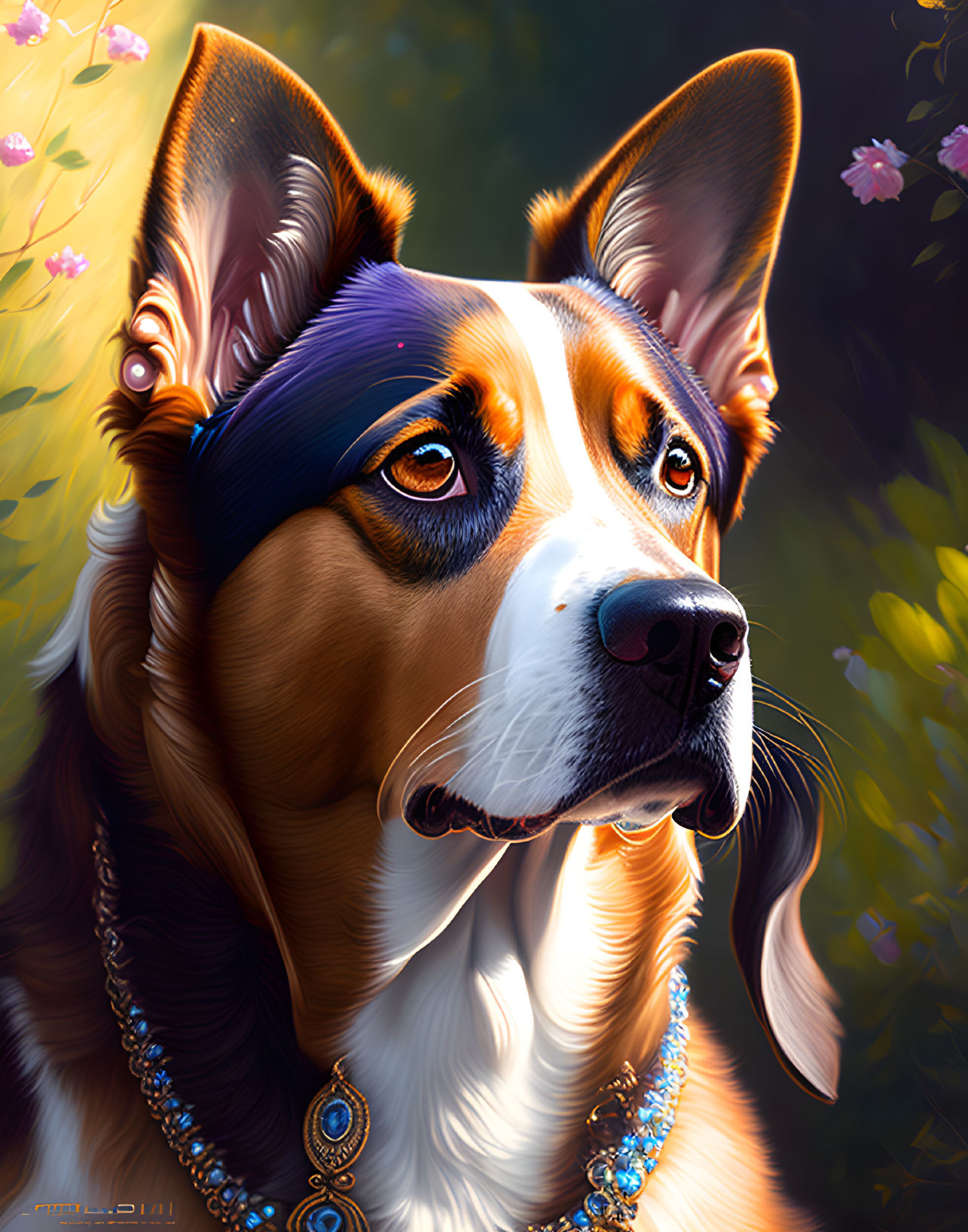 Tricolor Corgi Digital Artwork with Blue Accents and Jewelry