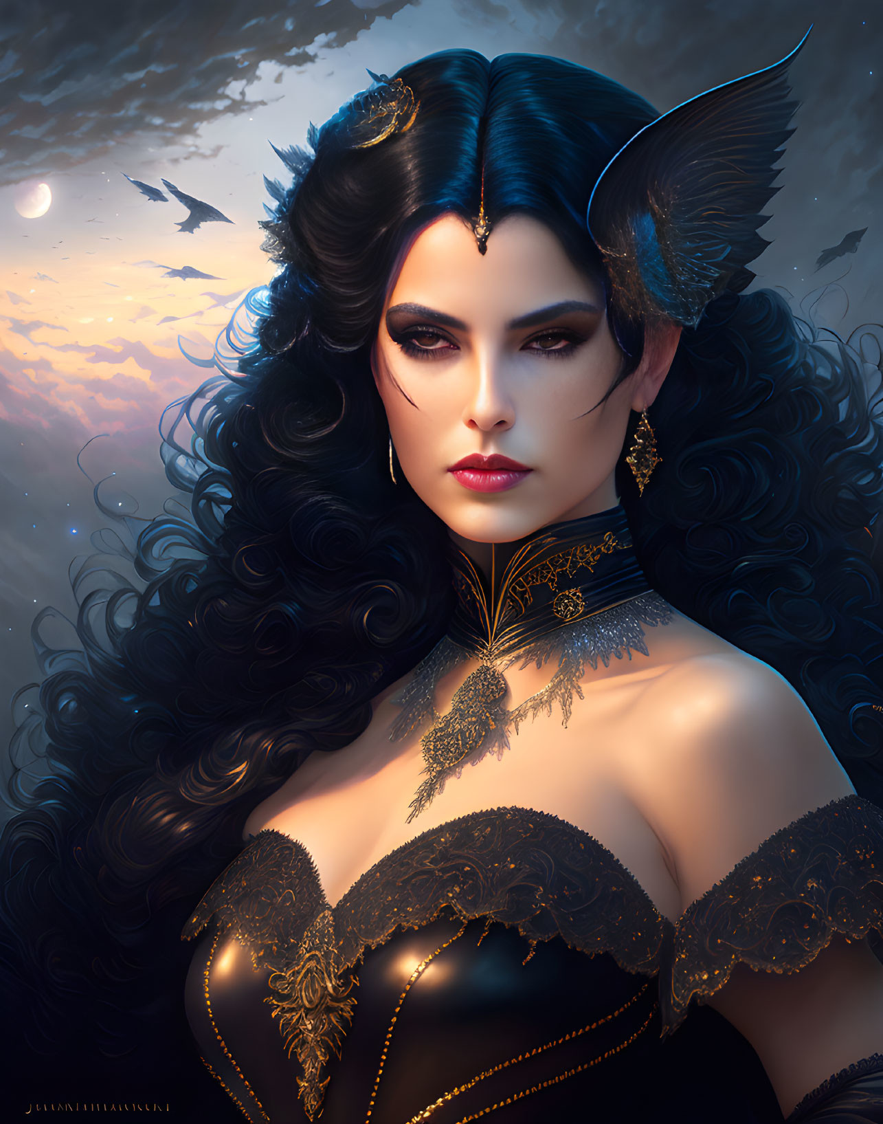 Fantasy female figure with dark hair, golden crown, and jewelry against twilight sky