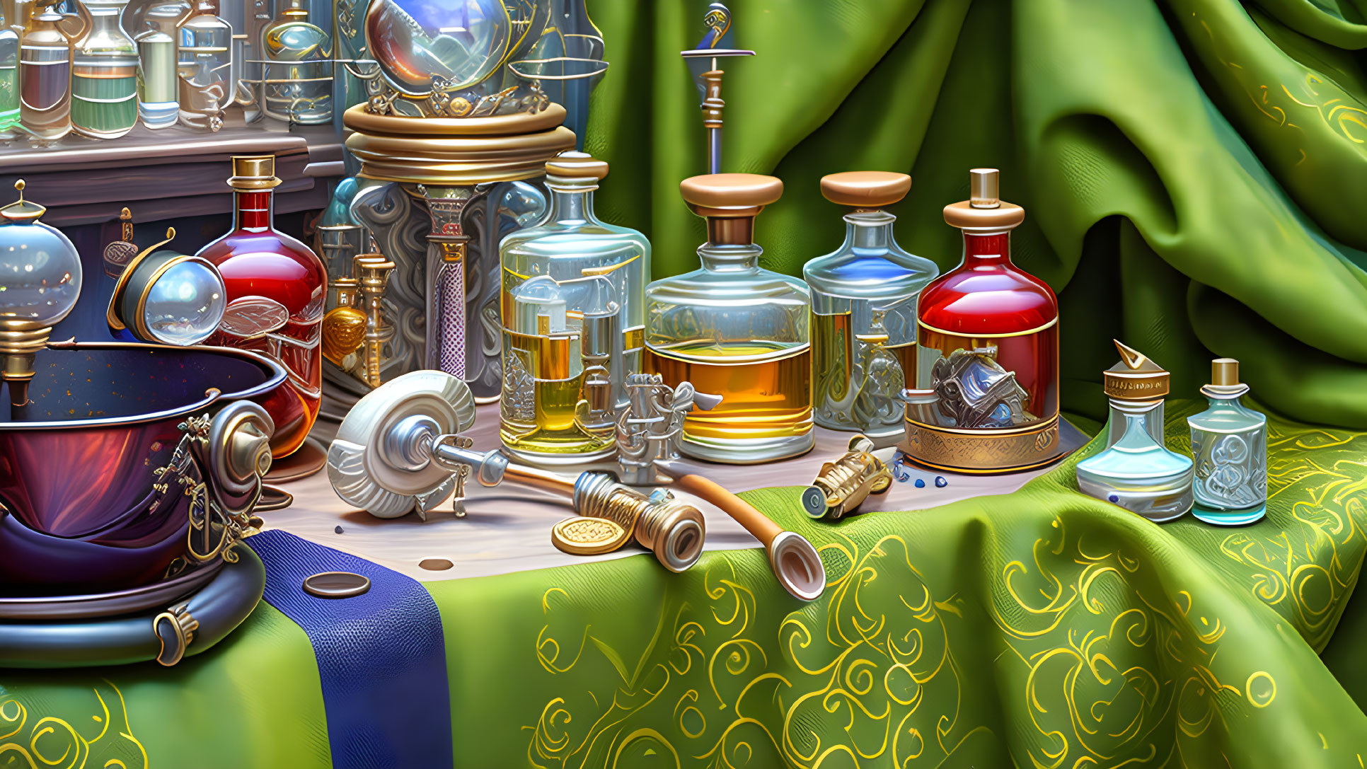 Colorful Potion Bottles, Crystal Ball, Telescope & Velvet Cloth in Alchemist's Workspace