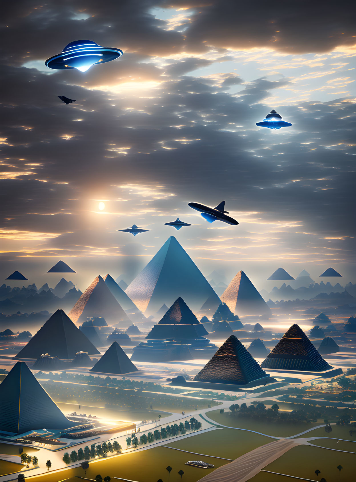 Surreal landscape with pyramids and futuristic UFOs at sunset