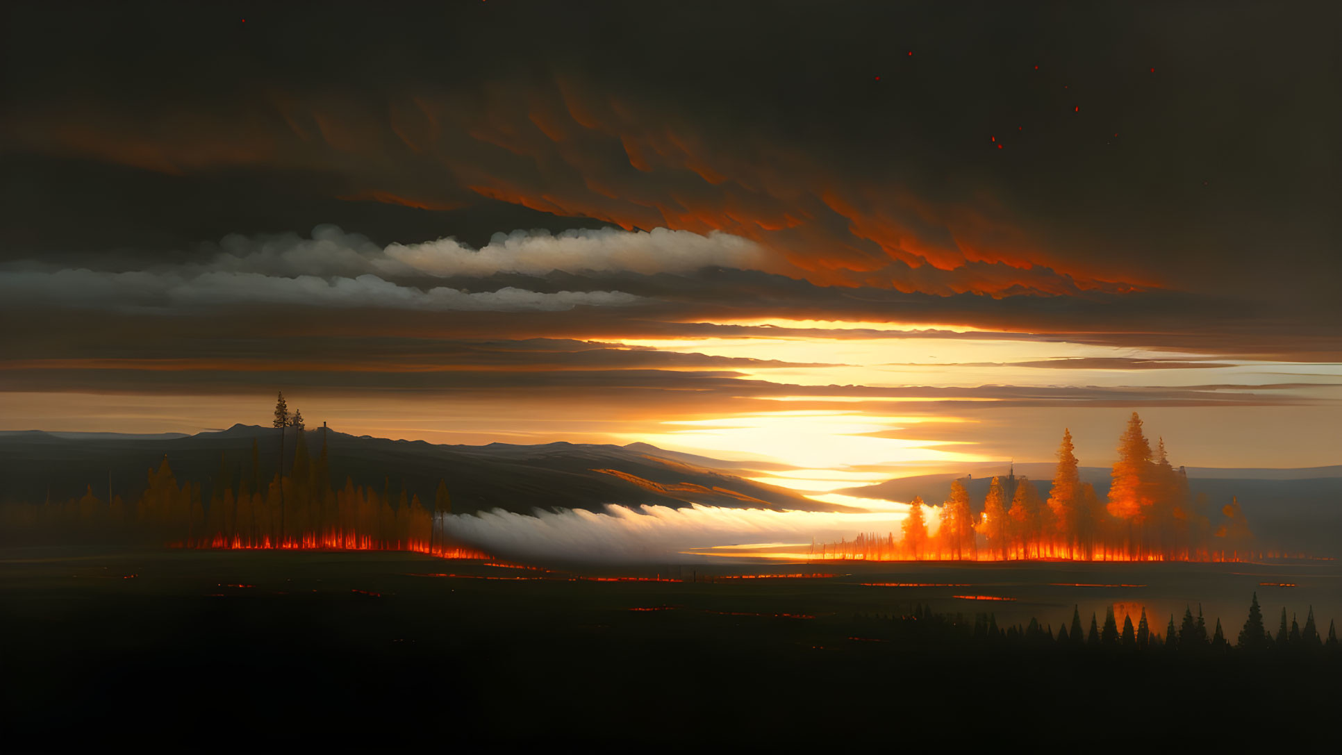 Fiery sunset landscape with dark treeline and misty valley