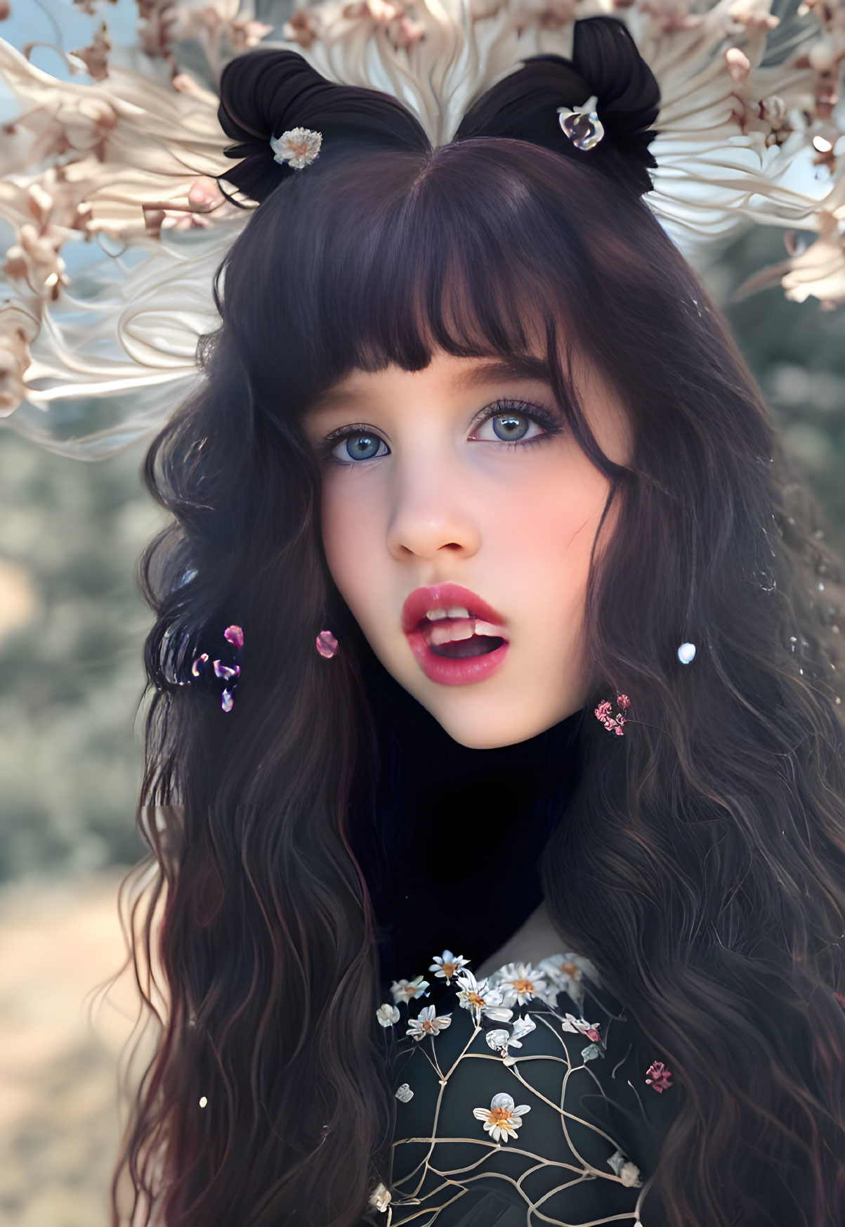 Young woman with long wavy hair and blue eyes in floral outfit surrounded by flower petals and white bloss