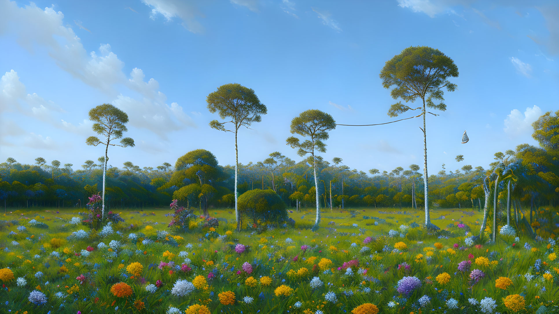 Tranquil landscape with wildflowers, trees, swing