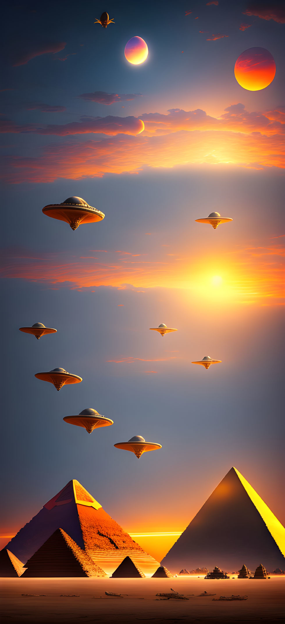 Surreal image: UFO fleet over Egyptian pyramids with two suns