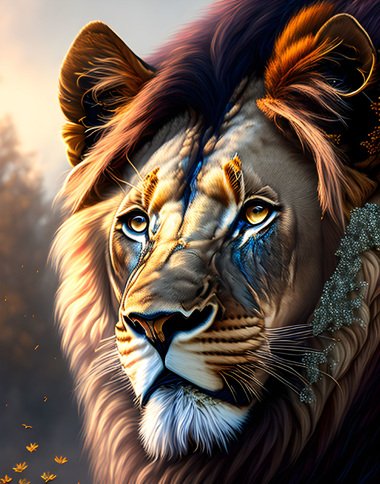 Vivid digital artwork: Lion's face with orange hues, tribal markings, glittery mane