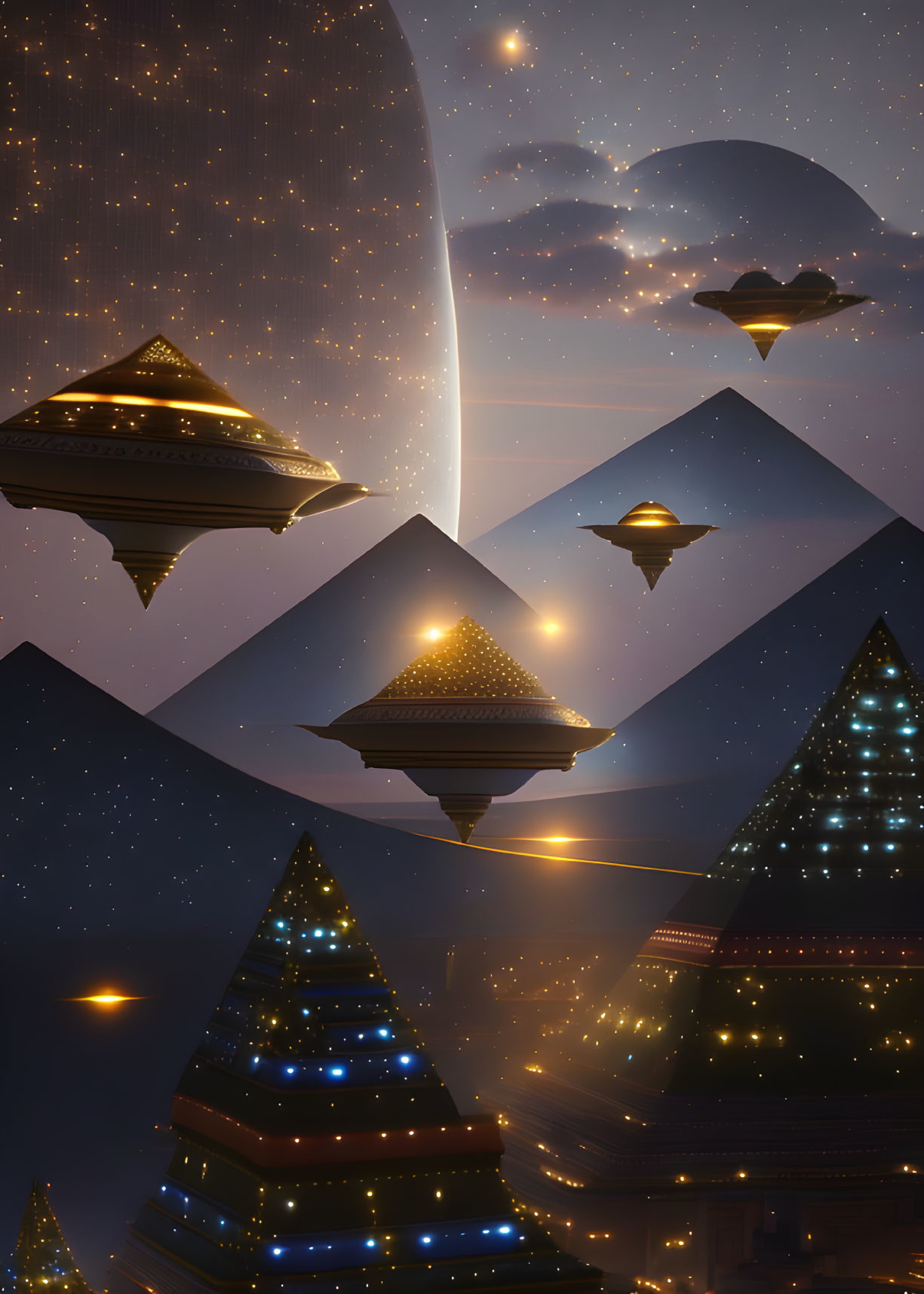 Fantastical night scene: Illuminated pyramids over mountainous terrain