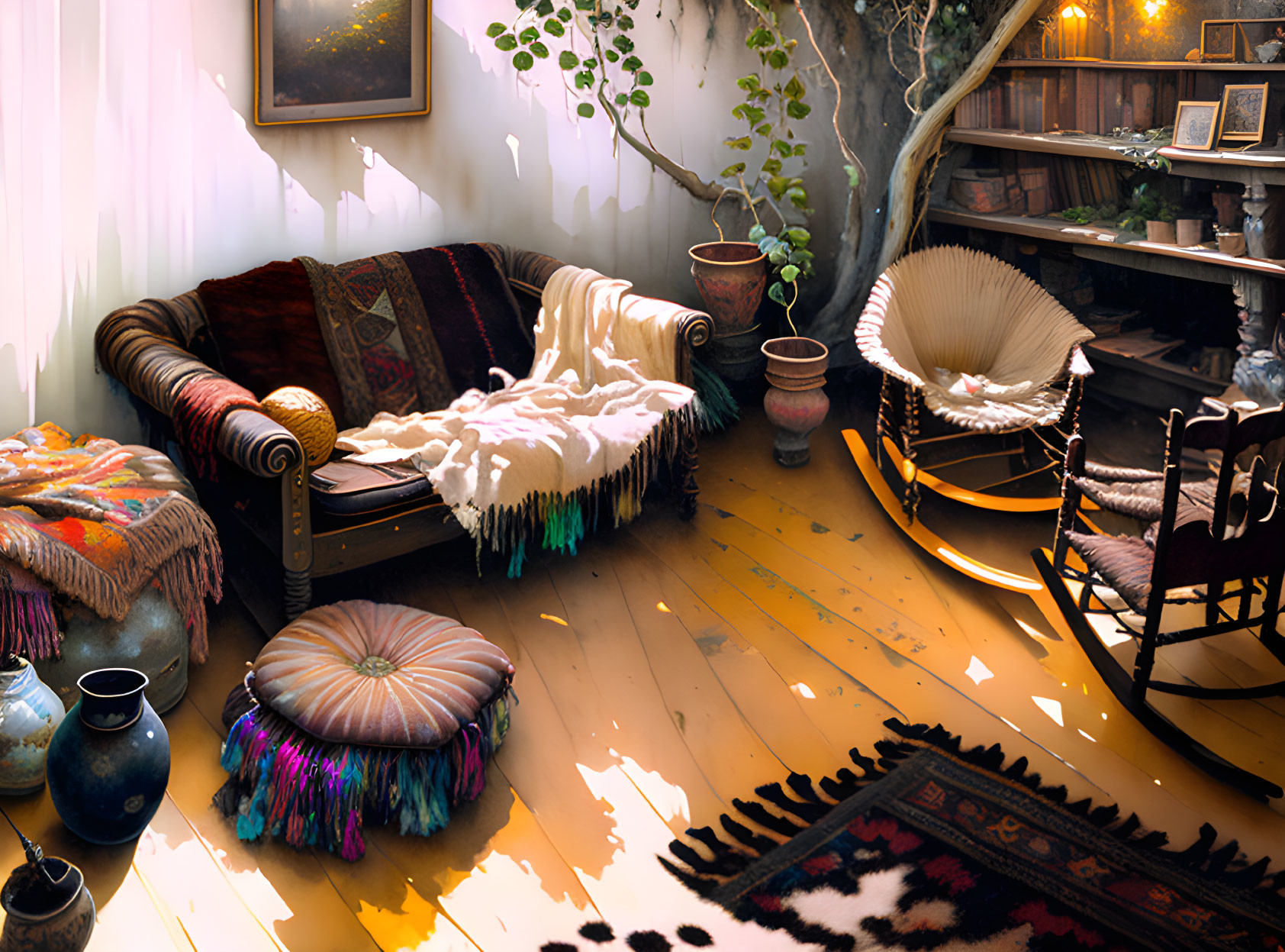 Eclectic Room with Sofa, Rocking Chair, Plants, and Antique Decor