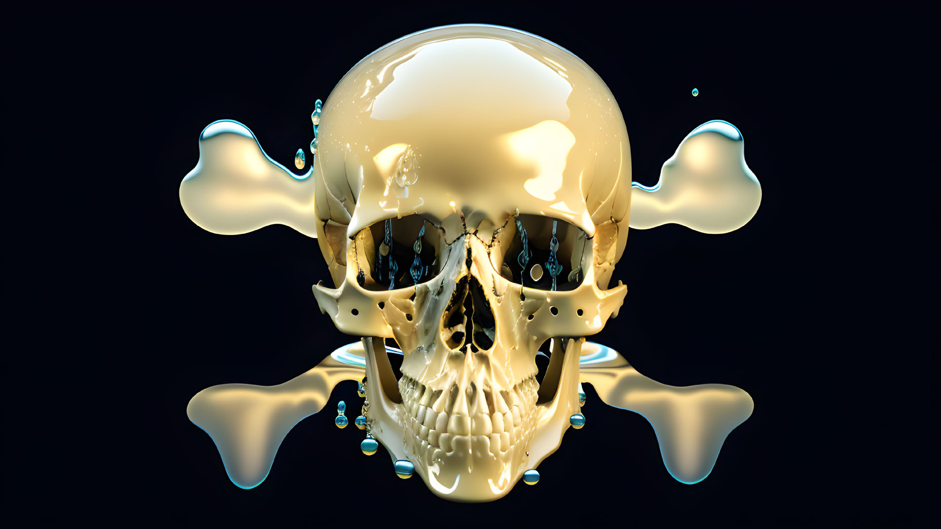 Glossy Golden Skull Melting in 3D Render on Dark Background