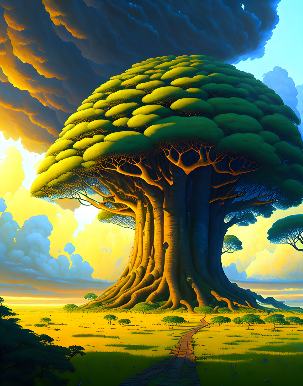 Giant baobab tree in serene savannah landscape