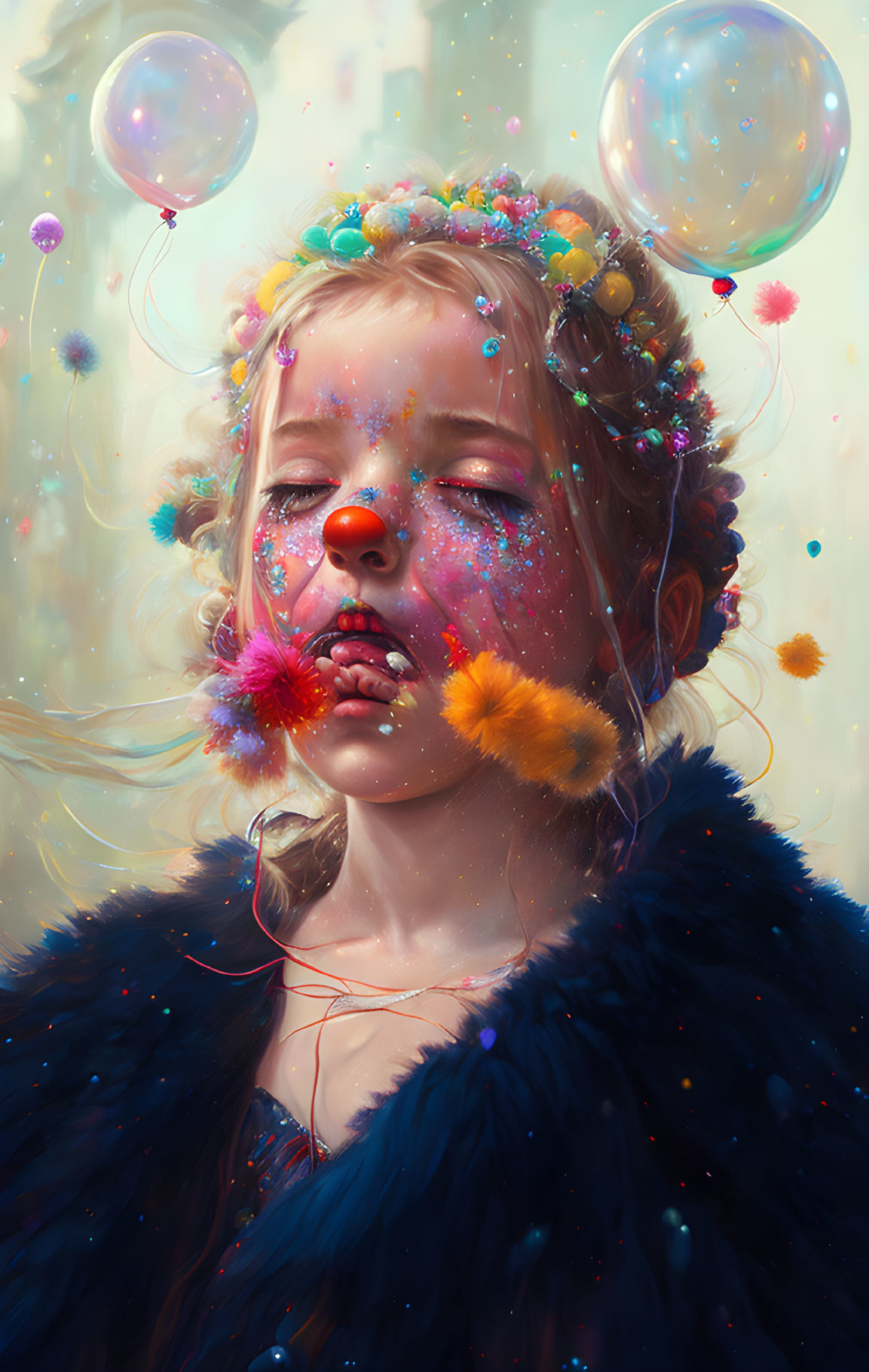 Girl with closed eyes, flower crown, glitter, balloons, and pom-poms