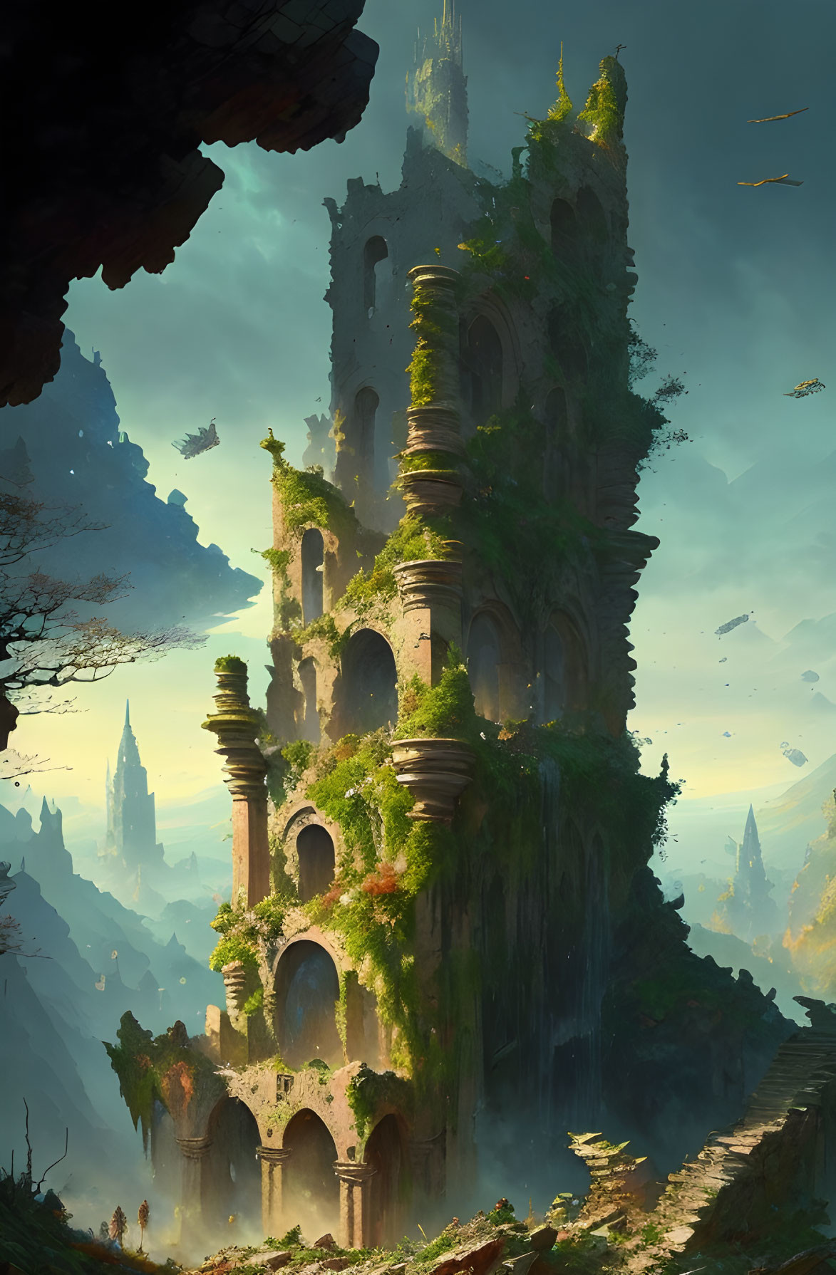 Majestic castle engulfed by lush greenery in mystical landscape