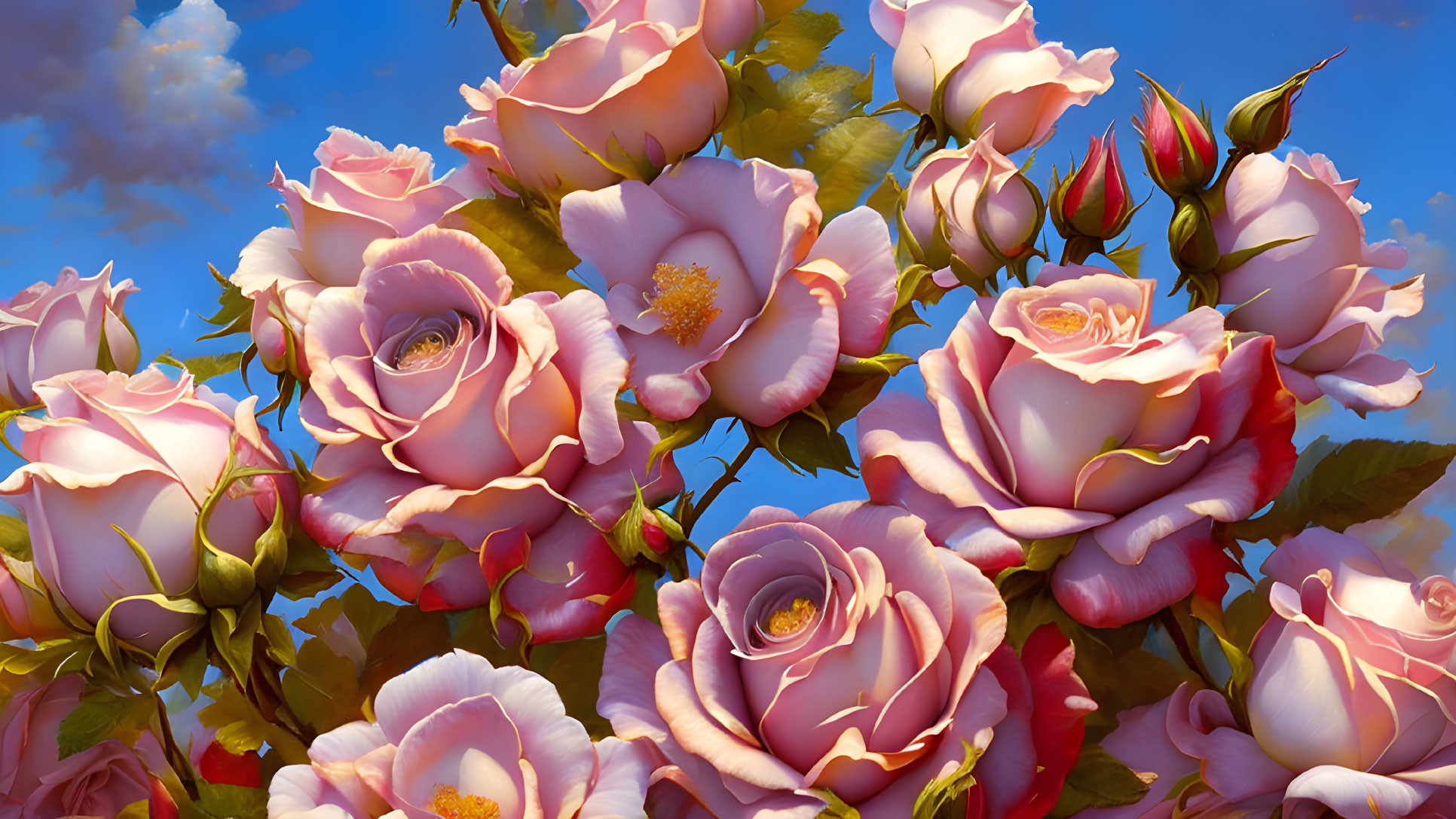 Pink Roses with Yellow Centers Against Blue Sky