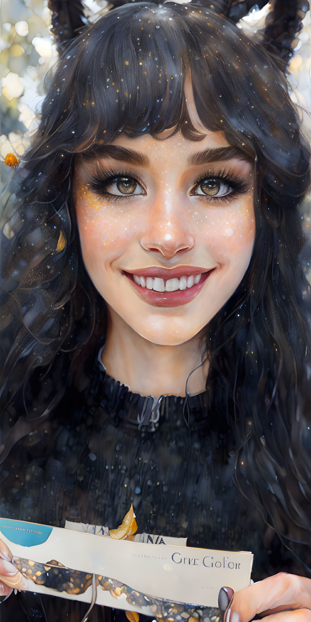 Smiling young woman portrait with freckles and dark hair