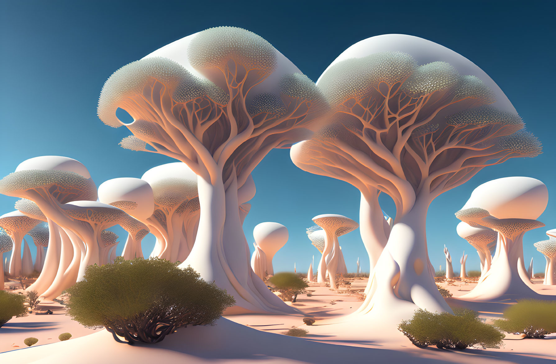 Surreal landscape featuring large, mushroom-shaped trees with intricate branching patterns