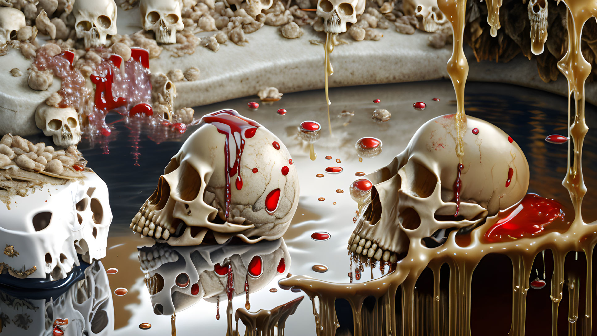 Surreal artwork: skulls, bones, melting candles, red liquid, reflective surfaces