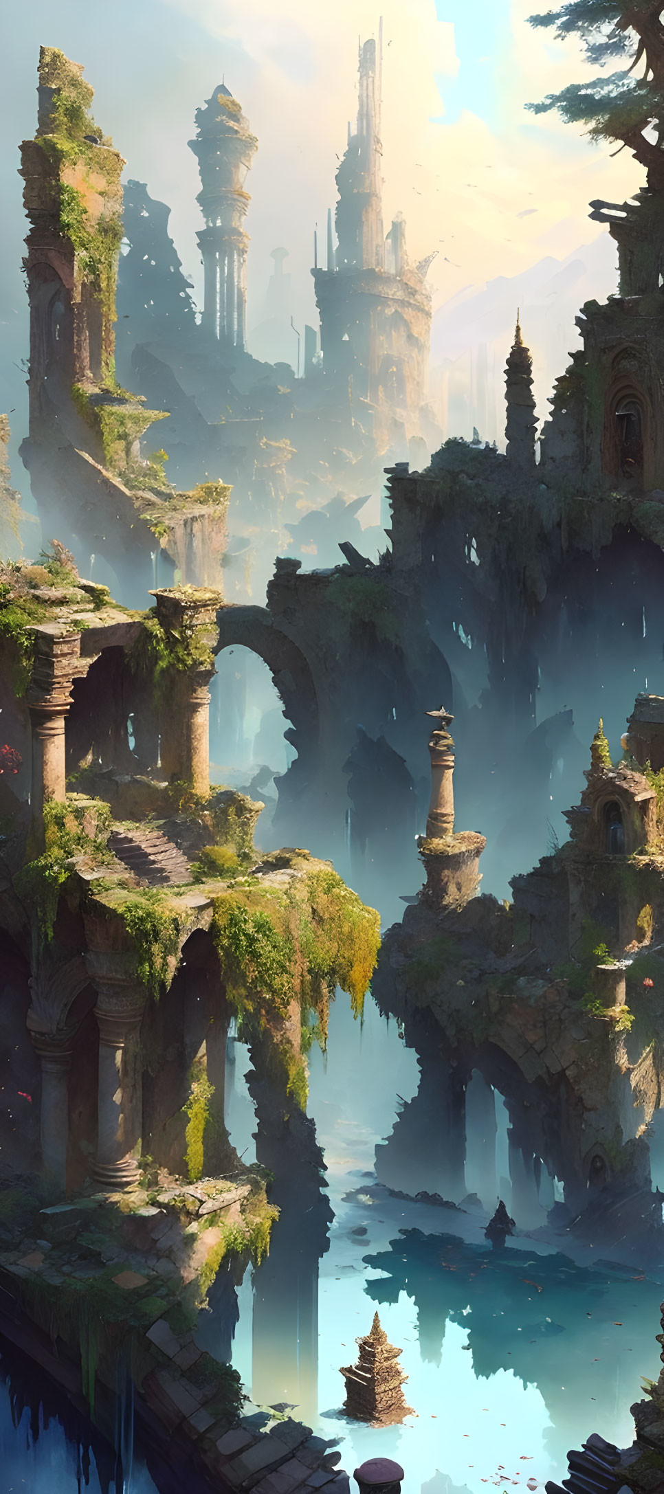 Tranquil fantasy landscape with ancient ruins and towering structures