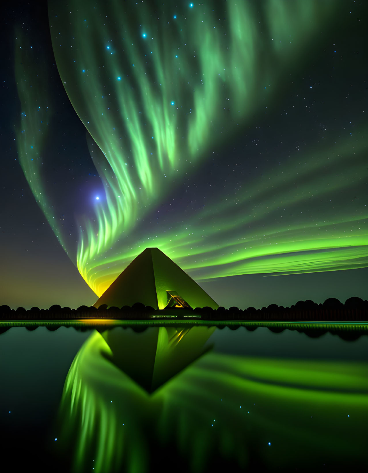 Illuminated pyramid under vivid aurora borealis reflected on calm water at night