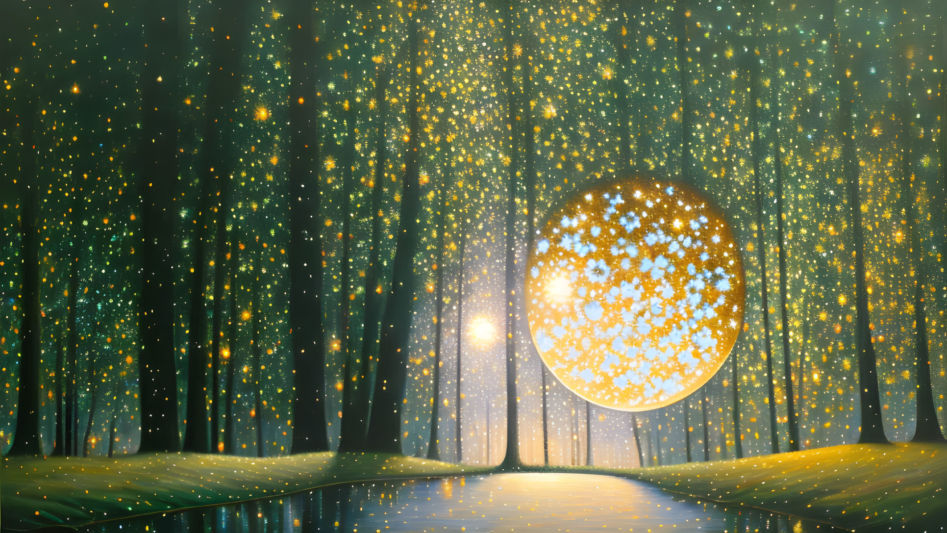 Enchanting night forest with glowing sphere and firefly-like lights